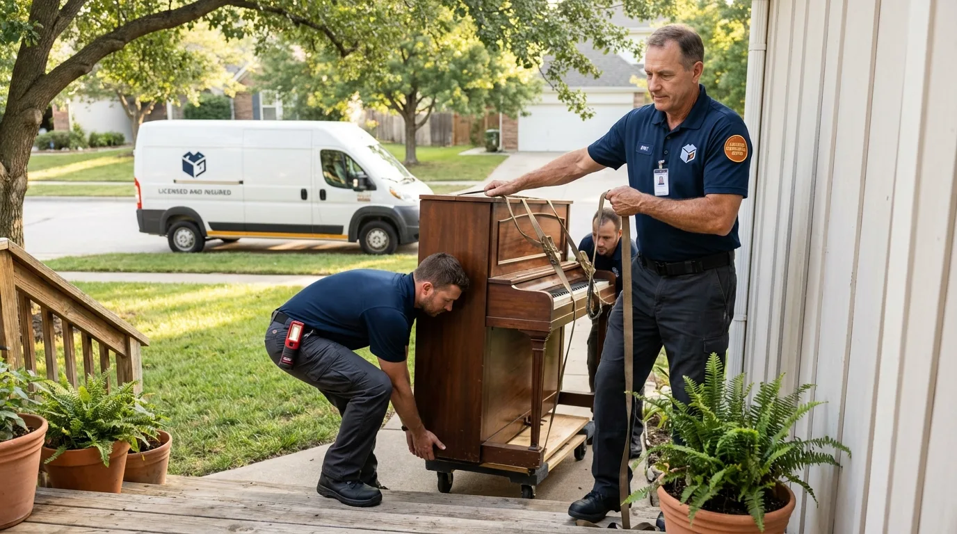 Licensed piano movers securing grand piano in Maywood, NJ