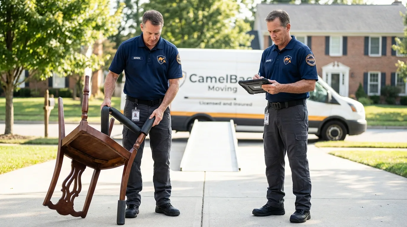 Movers inspecting furniture for damage prevention before loading in Maywood, NJ