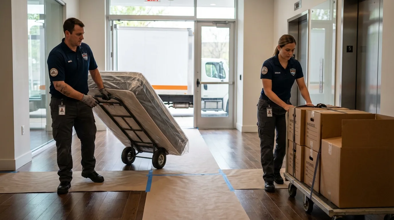 Professional apartment movers loading elevator in Maywood, NJ