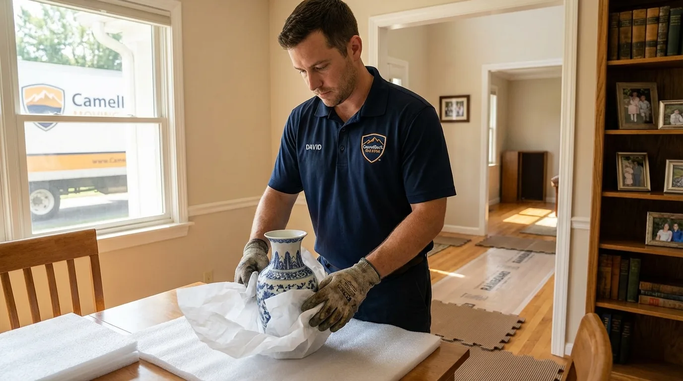 Professional crew carefully wrapping antique vase for senior downsizing move in Maywood, NJ